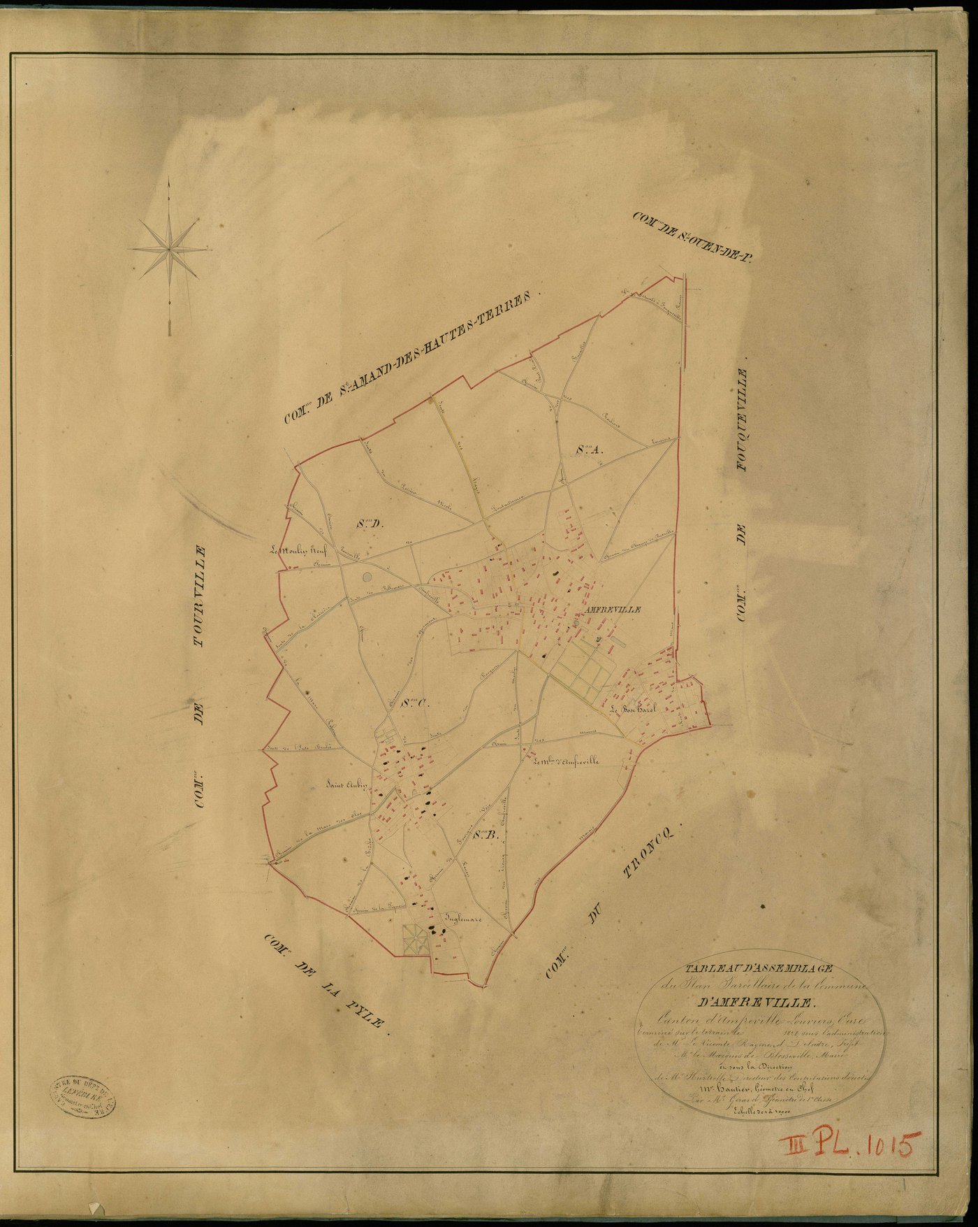 Amfreville-la-Campagne. Tableau d'assemblage _ du Plan Parcellaire de la Commune d'Amfreville _ Canton d'Amfreville - Louviers - Eure. _ Terminé sur le Terrain en 1828 , sous l'administration de M. Le Vicomte Raymond Delaître , Préfet _ M. 