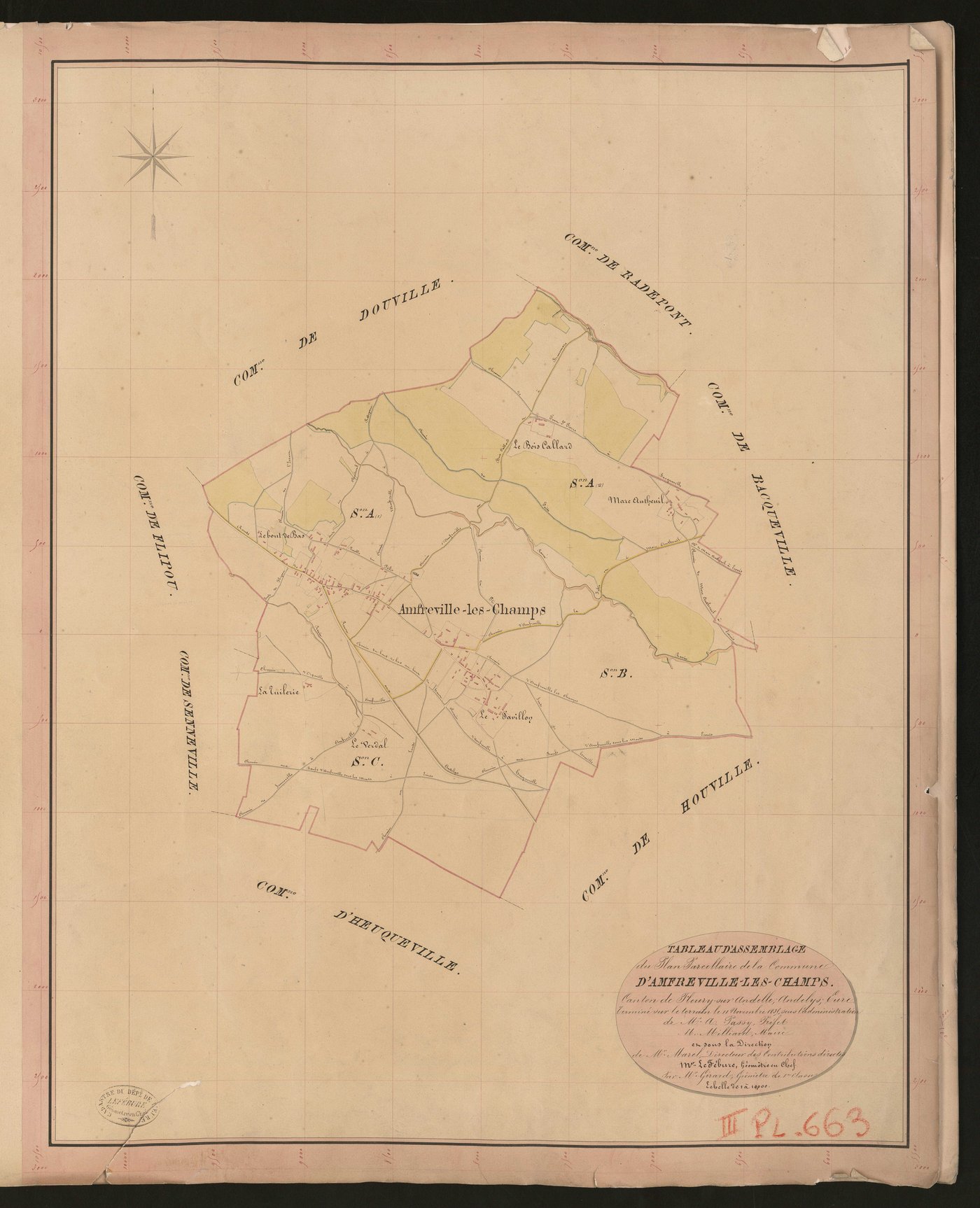 Amfreville-les-Champs. Tableau d'assemblage du Plan Parcellaire de la Commune d'Amfreville-les-Champs. _ Canton de Fleury-sur-Andelle - Andelys - Eure. _ Terminé sur le terrain le 11 novembre 1835, sous l'administration de M. A. Passy, Préf
