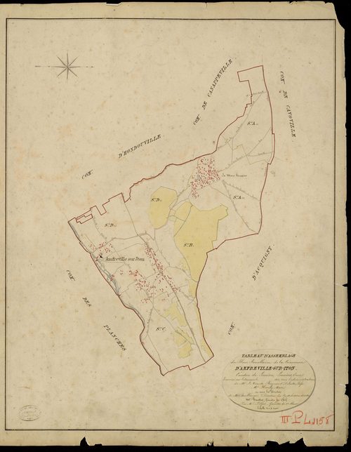 Amfreville-sur-Iton. Tableau d'assemblage _ du Plan Parcellaire de la Commune d'Amfreville-sur-Iton _ Canton de Louviers - Louviers - Eure. _ Terminé sur le Terrain en 1823, sous l'administration de M. Le Vicomte Raymond Delaître, Préfet _ 
