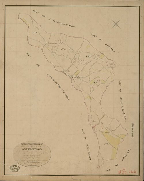 Armentières-sur-Avre. Tableau d'assemblage _ du Plan Parcellaire de la Commune d'Armentières _ Canton de Verneuil - Evreux - Eure. _ Terminé sur le Terrain le 25 Octobre 1835, sous l'administration de M. A. Passy, Préfet _ M. Guilbout, Mair