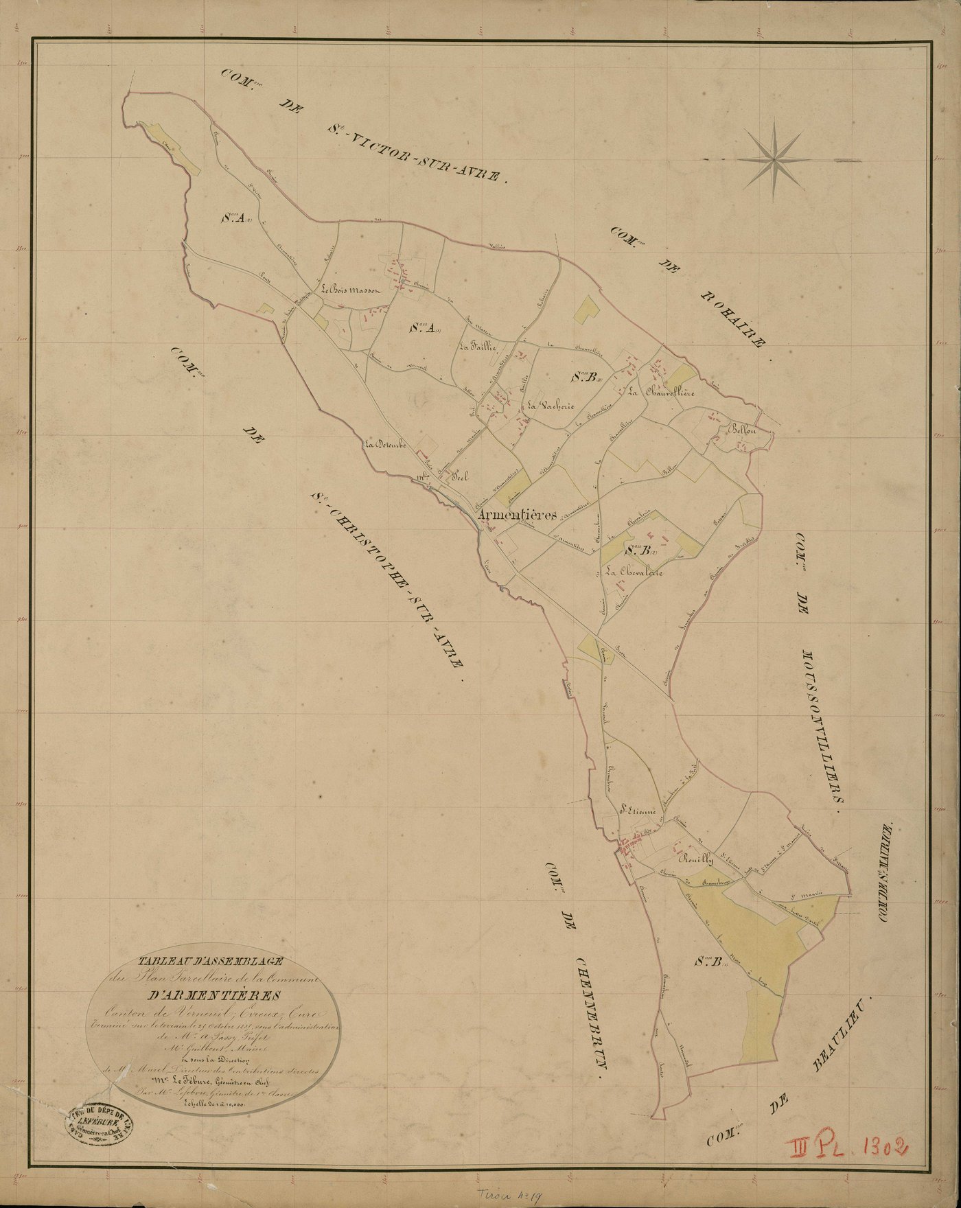 Armentières-sur-Avre. Tableau d'assemblage _ du Plan Parcellaire de la Commune d'Armentières _ Canton de Verneuil - Evreux - Eure. _ Terminé sur le Terrain le 25 Octobre 1835, sous l'administration de M. A. Passy, Préfet _ M. Guilbout, Mair
