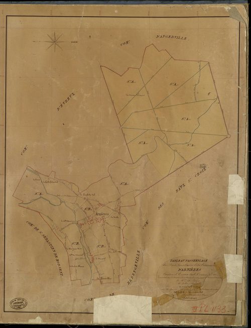 Arnières-sur-Iton. Tableau d'assemblage _ du Plan Parcellaire de la Commune d'Arnières _ Canton de Evreux Sud - Evreux - Eure. _ Terminé sur le Terrain le 13 Novembre 1841 , sous l'administration de M. Zédé, Préfet _ M. Selle, Maire _ sous 