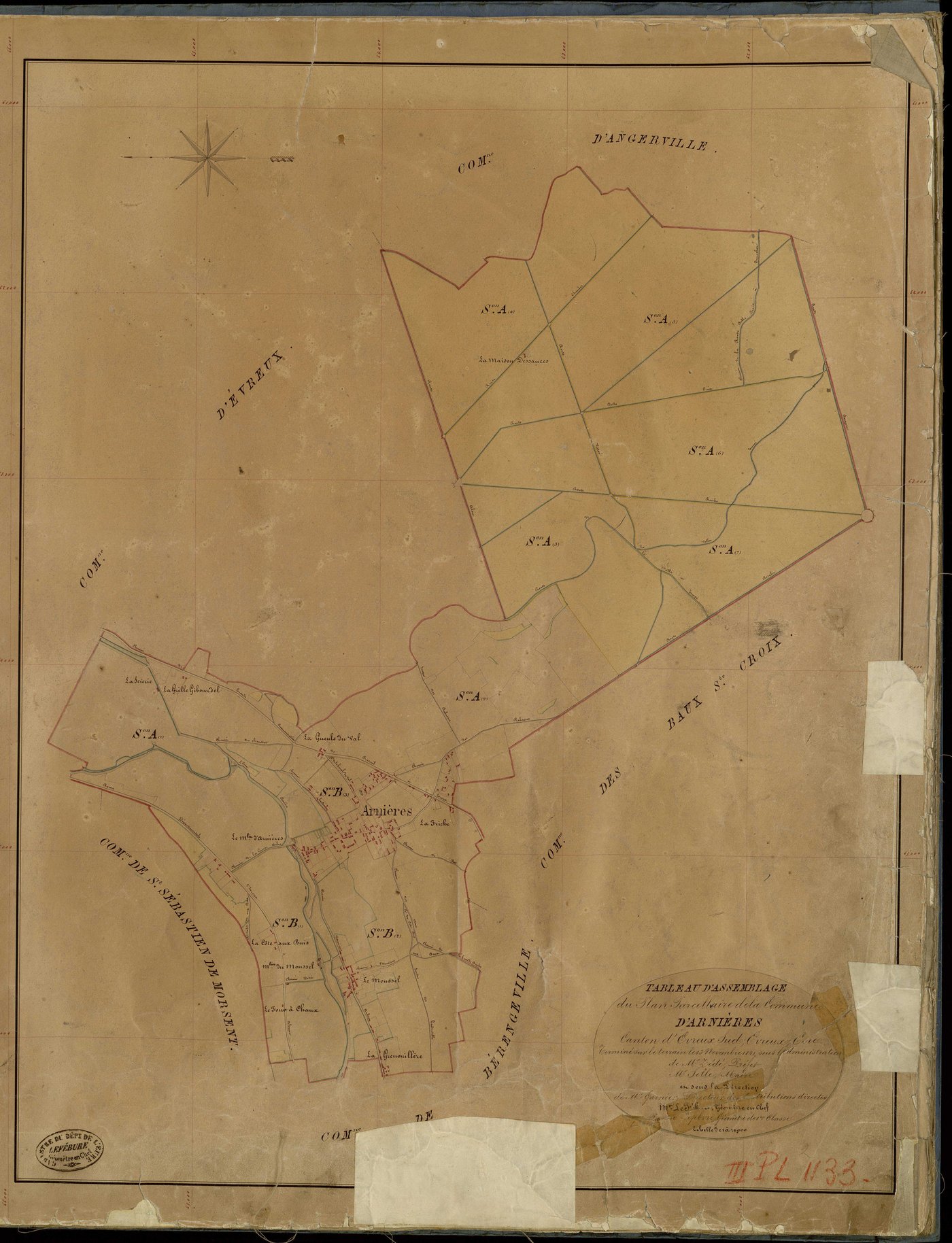 Arnières-sur-Iton. Tableau d'assemblage _ du Plan Parcellaire de la Commune d'Arnières _ Canton de Evreux Sud - Evreux - Eure. _ Terminé sur le Terrain le 13 Novembre 1841 , sous l'administration de M. Zédé, Préfet _ M. Selle, Maire _ sous 