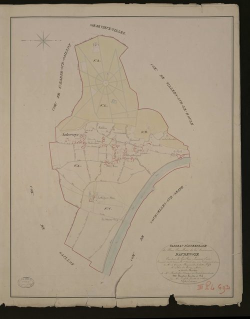 Aubevoye. Tableau d'assemblage du Plan Parcellaire de la Commune d'Aubevoye. _ Canton de Gaillon - Louviers - Eure. _ Terminé sur le terrain le 1er avril 1829, sous l'administration de M. Le Vicomte Raymond Delaitre, Préfet - M. Ethis de Co