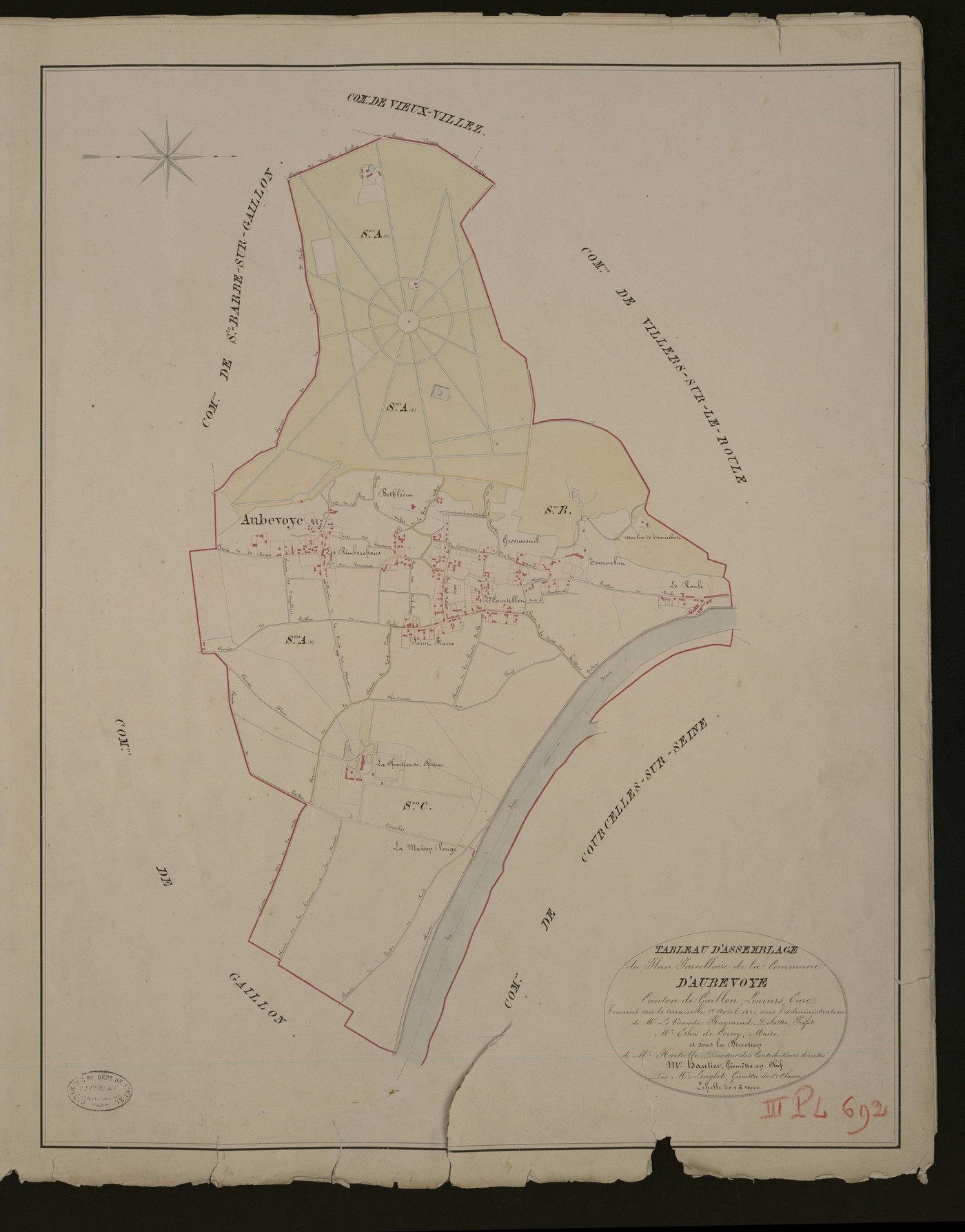 Aubevoye. Tableau d'assemblage du Plan Parcellaire de la Commune d'Aubevoye. _ Canton de Gaillon - Louviers - Eure. _ Terminé sur le terrain le 1er avril 1829, sous l'administration de M. Le Vicomte Raymond Delaitre, Préfet - M. Ethis de Co
