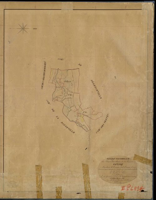 Aulnay-sur-Iton. Tableau d'assemblage _ du Plan Parcellaire de la Commune d'Aulnay _ Canton de Evreux Sud - Evreux - Eure. _ Terminé sur le Terrain le 7 Octobre 1841 , sous l'administration de M. Zédé, Préfet _ M. Guillard, Maire _ sous la 