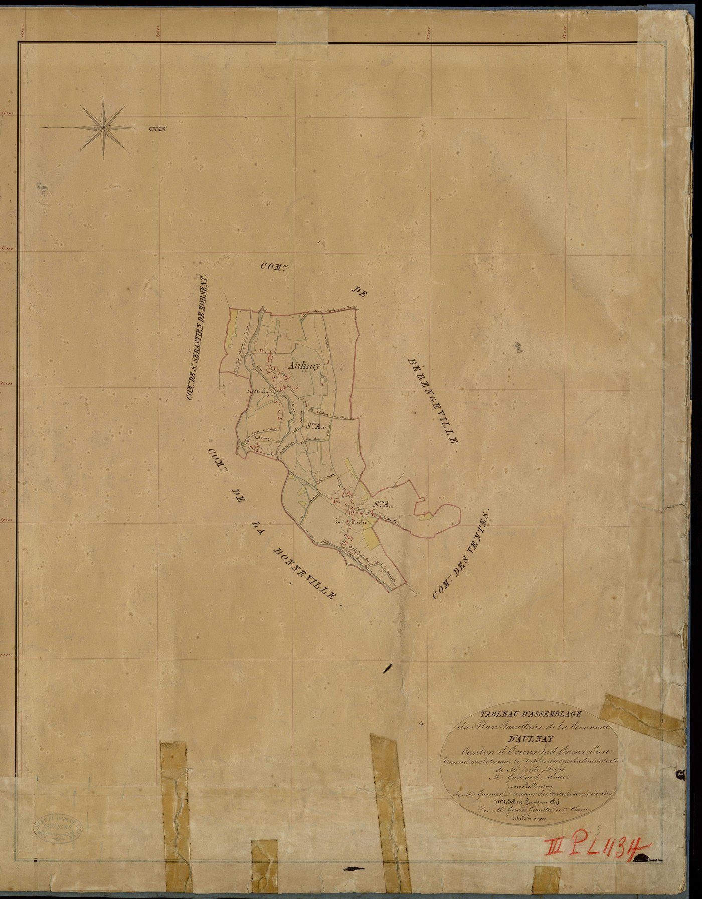 Aulnay-sur-Iton. Tableau d'assemblage _ du Plan Parcellaire de la Commune d'Aulnay _ Canton de Evreux Sud - Evreux - Eure. _ Terminé sur le Terrain le 7 Octobre 1841 , sous l'administration de M. Zédé, Préfet _ M. Guillard, Maire _ sous la 