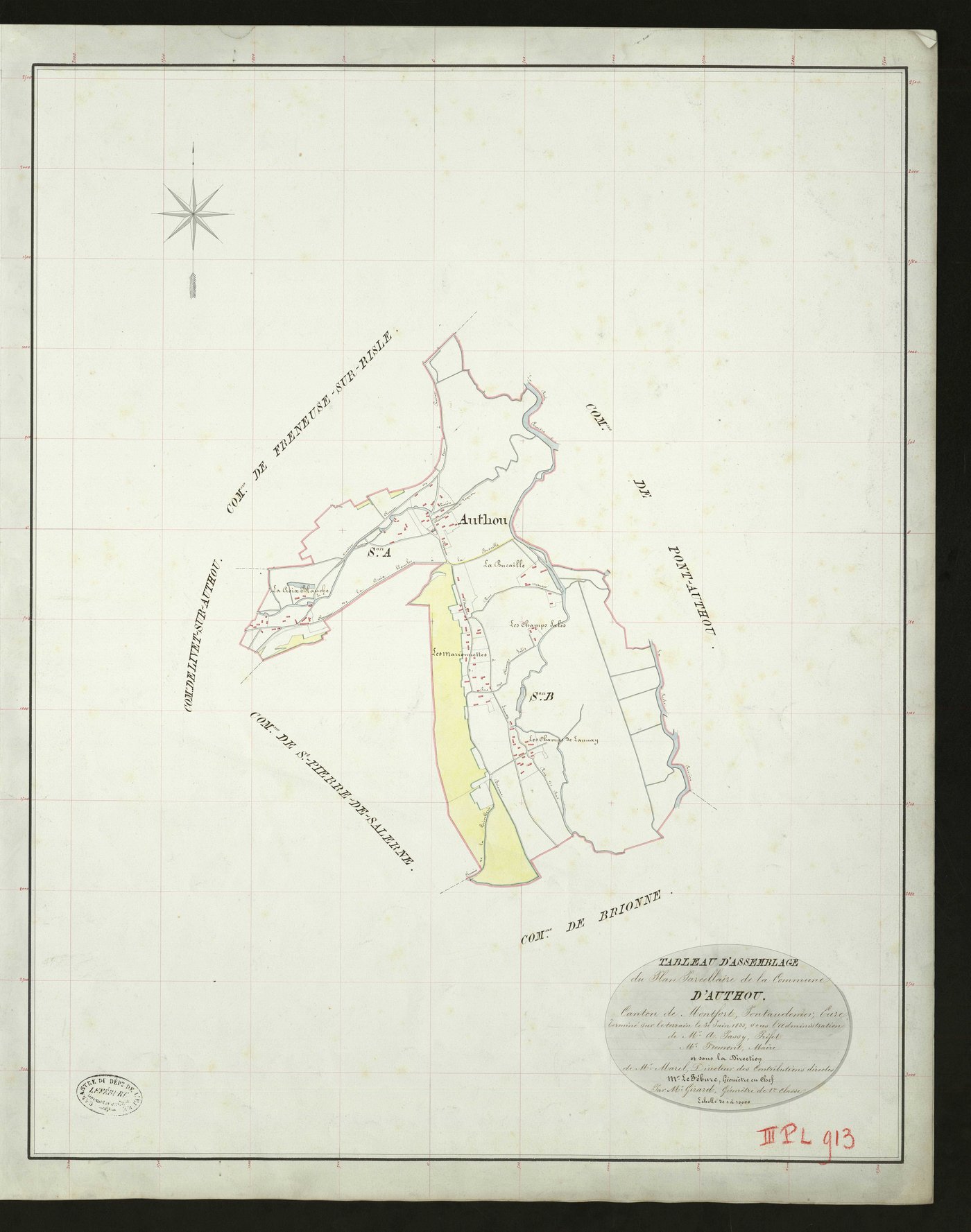 Authou. Tableau d'assemblage _ du Plan Parcellaire de la Commune d'Authou _ Canton de Montfort - Pontaudemer - Eure. _ Terminé sur le Terrain le 30 juin 1833, sous l'administration de Mr. A Passy, Préfet _ Mr. Fremont, Maire _ sous la Direc