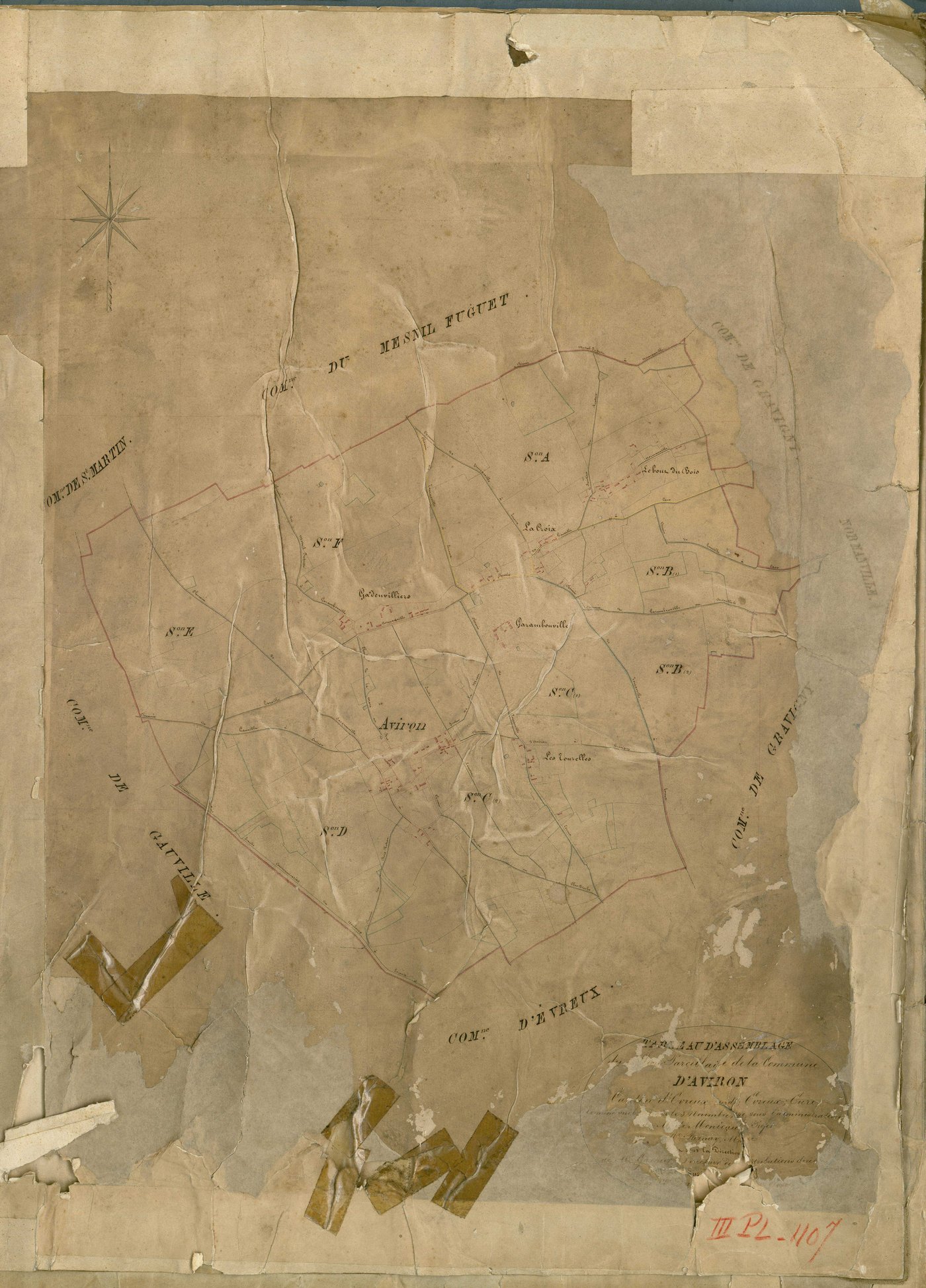 Aviron. Tableau d'assemblage _ du Plan Parcellaire de la Commune d'Aviron _ Canton de Evreux (nord) - Evreux - Eure. _ Terminé sur le Terrain le 3 Novembre 1840 , sous l'administration de M. de Monicault, Préfet _ M. Bernay, Maire _ sous la