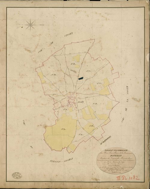 Avrilly. Tableau d'assemblage _ du Plan Parcellaire de la Commune d'Avrilly _ Canton de Damville - Evreux - Eure. _ Terminé sur le Terrain le 2 Décembre 1838 , sous l'administration de M. de Monicault, Préfet _ M. Dupuis, Maire _ sous la Di