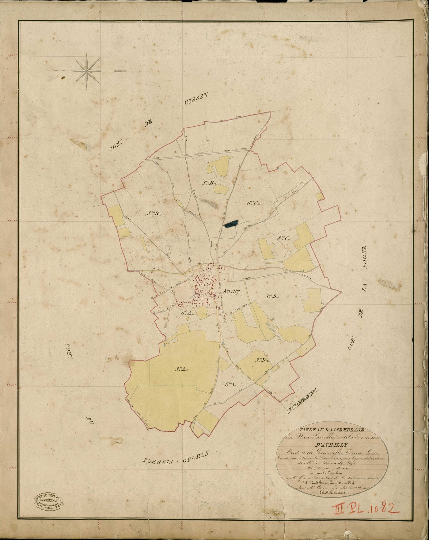 Avrilly. Tableau d'assemblage _ du Plan Parcellaire de la Commune d'Avrilly _ Canton de Damville - Evreux - Eure. _ Terminé sur le Terrain le 2 Décembre 1838 , sous l'administration de M. de Monicault, Préfet _ M. Dupuis, Maire _ sous la Di