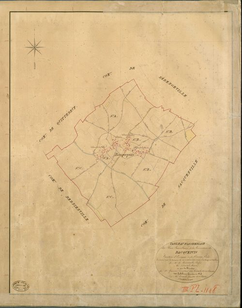 Bacquepuis. Tableau d'assemblage _ du Plan Parcellaire de la Commune de Bacquepuis _ Canton de Evreux (nord) - Evreux - Eure. _ Terminé sur le Terrain le 28 Octobre 1840 , sous l'administration de M. de Monicault, Préfet _ M. Duval, Maire _
