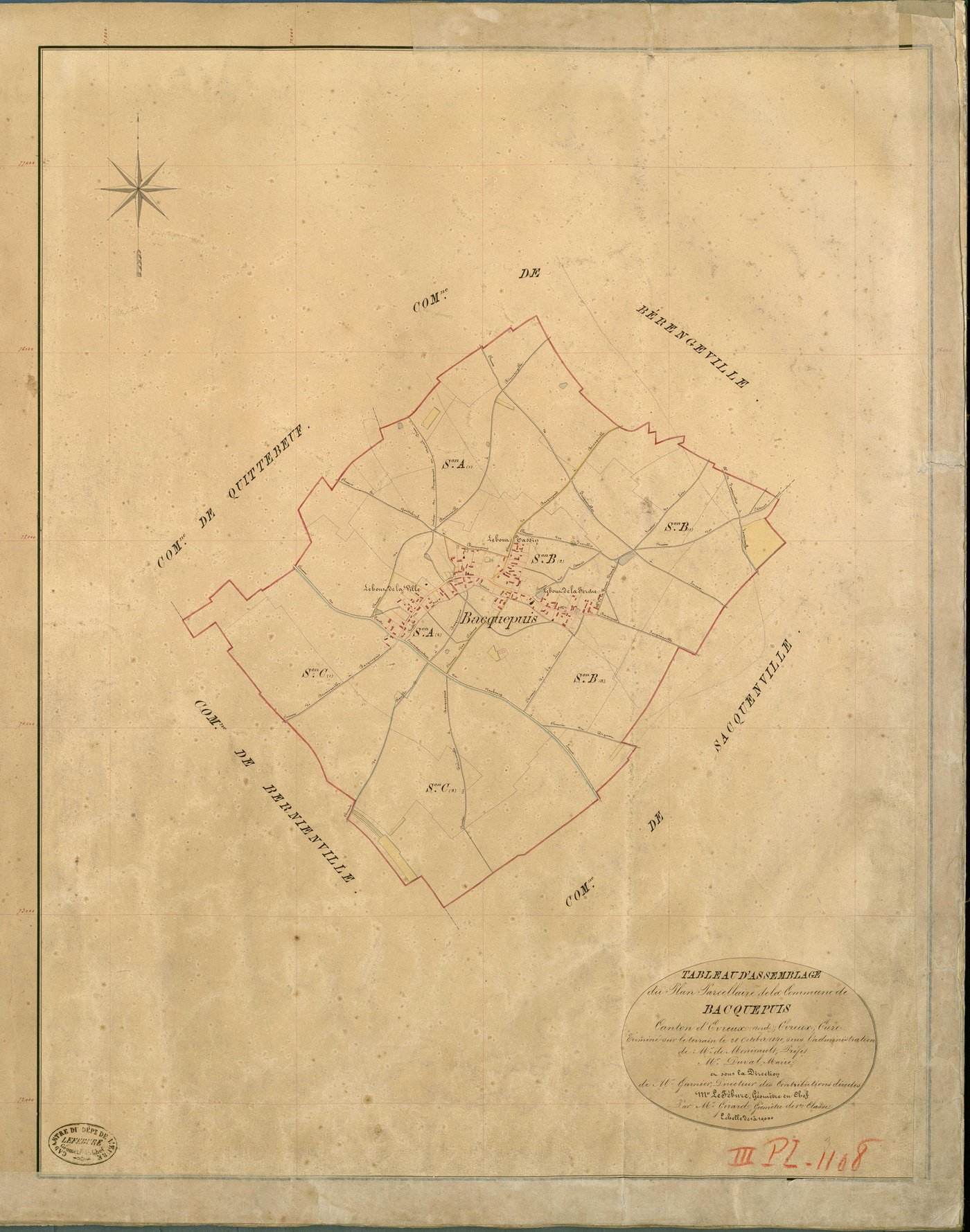 Bacquepuis. Tableau d'assemblage _ du Plan Parcellaire de la Commune de Bacquepuis _ Canton de Evreux (nord) - Evreux - Eure. _ Terminé sur le Terrain le 28 Octobre 1840 , sous l'administration de M. de Monicault, Préfet _ M. Duval, Maire _