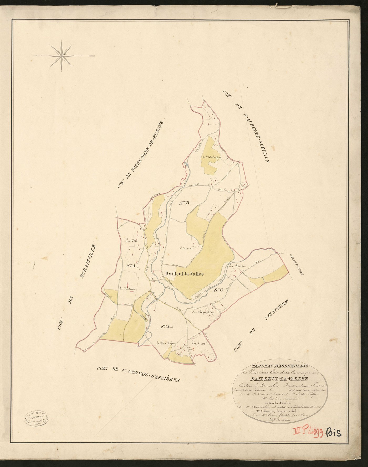 Bailleul-la-Vallée. Tableau d'assemblage du Plan Parcellaire de la Commune de Bailleul-la-Vallée. _ Canton de Cormeilles - Pontaudemer - Eure. _ Terminé sur le terrain en 1826, sous l'administration de M. Le Vicomte Raymond Delaitre, Préfet