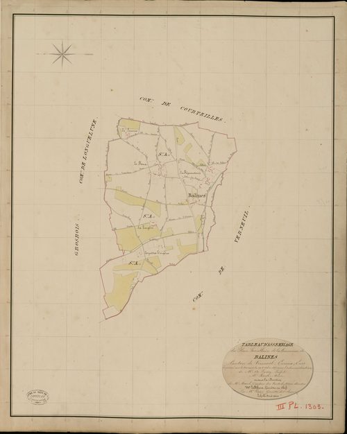 Bâlines. Tableau d'assemblage _ du Plan Parcellaire de la Commune de Balines _ Canton de Verneuil - Evreux - Eure. _ Terminé sur le Terrain le 20 Octobre 1835, sous l'administration de M. A. Passy, Préfet _ M. Rosse, Maire _ et sous la Dire