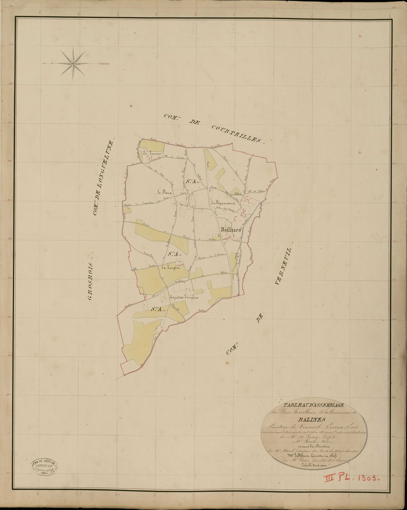 Bâlines. Tableau d'assemblage _ du Plan Parcellaire de la Commune de Balines _ Canton de Verneuil - Evreux - Eure. _ Terminé sur le Terrain le 20 Octobre 1835, sous l'administration de M. A. Passy, Préfet _ M. Rosse, Maire _ et sous la Dire