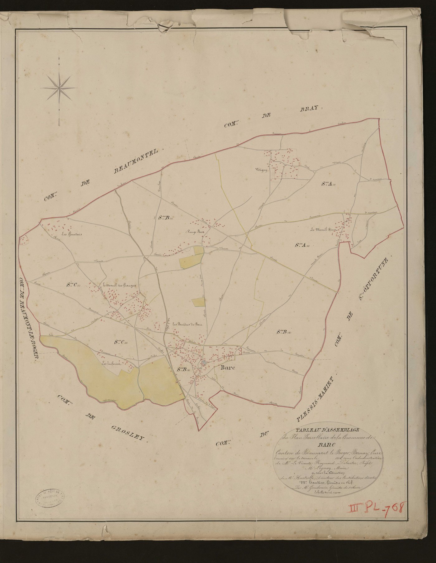 Barc. Tableau d'assemblage _ du Plan Parcellaire de la Commune du Barc. _ Canton de Beaumont-le-Roger - Bernay - Eure. _ Terminé sur le terrain en 1826 sous l'administration de M. Le Vicomte Raymond Delaitre, Préfet _ M.Leguay maire _ en so