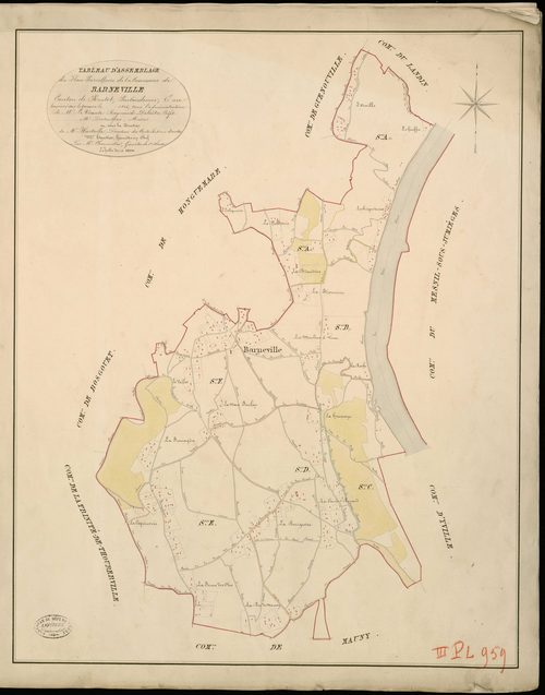 Barneville-sur-Seine. Tableau d'assemblage _ du Plan Parcellaire de la Commune de Barneville _ Canton de Routot - Pontaudemer - Eure. _ Terminé sur le Terrain en 1826, sous l'administration de M.Le Vicomte Raymond Delaitre, Préfet _ M. Dest
