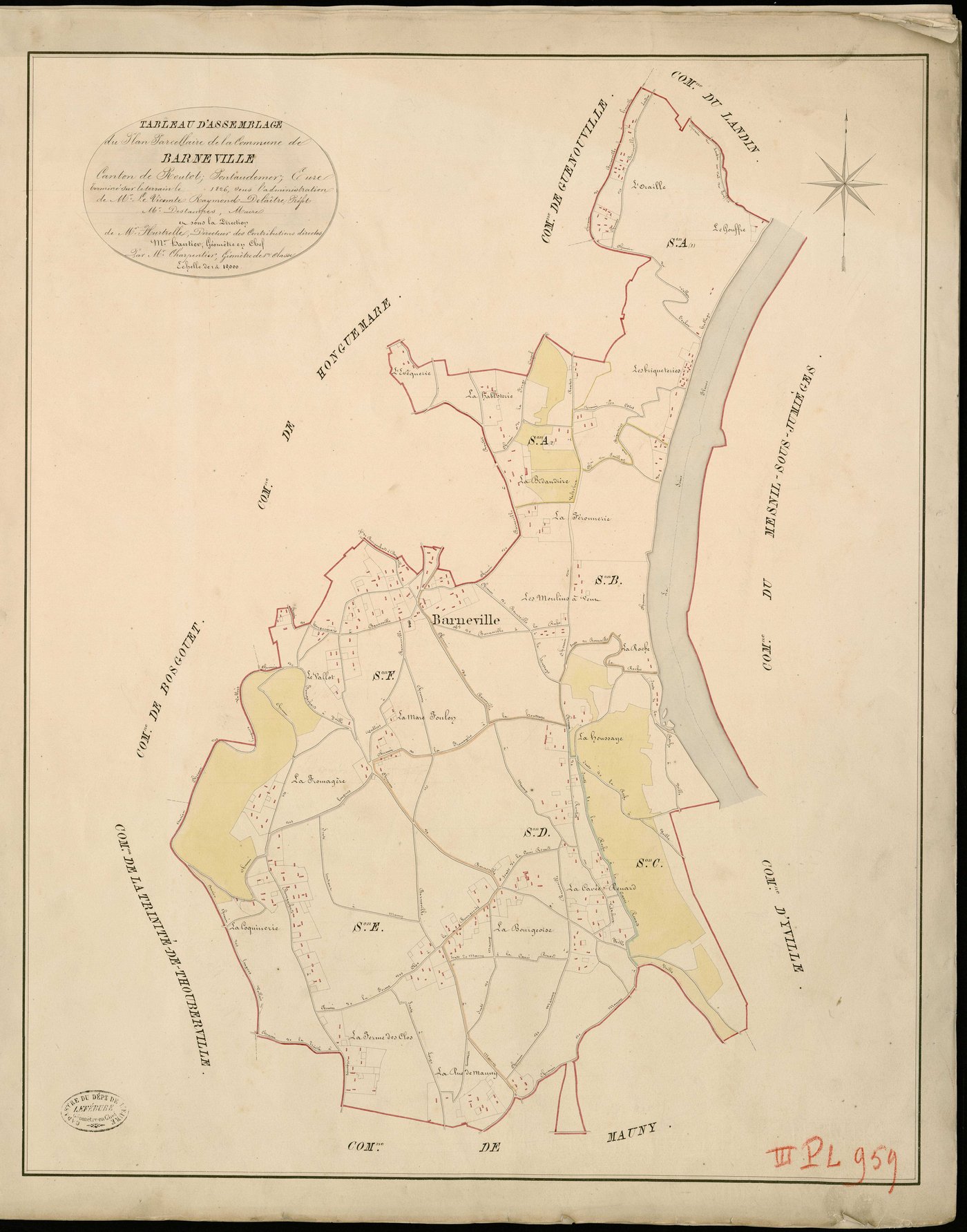 Barneville-sur-Seine. Tableau d'assemblage _ du Plan Parcellaire de la Commune de Barneville _ Canton de Routot - Pontaudemer - Eure. _ Terminé sur le Terrain en 1826, sous l'administration de M.Le Vicomte Raymond Delaitre, Préfet _ M. Dest