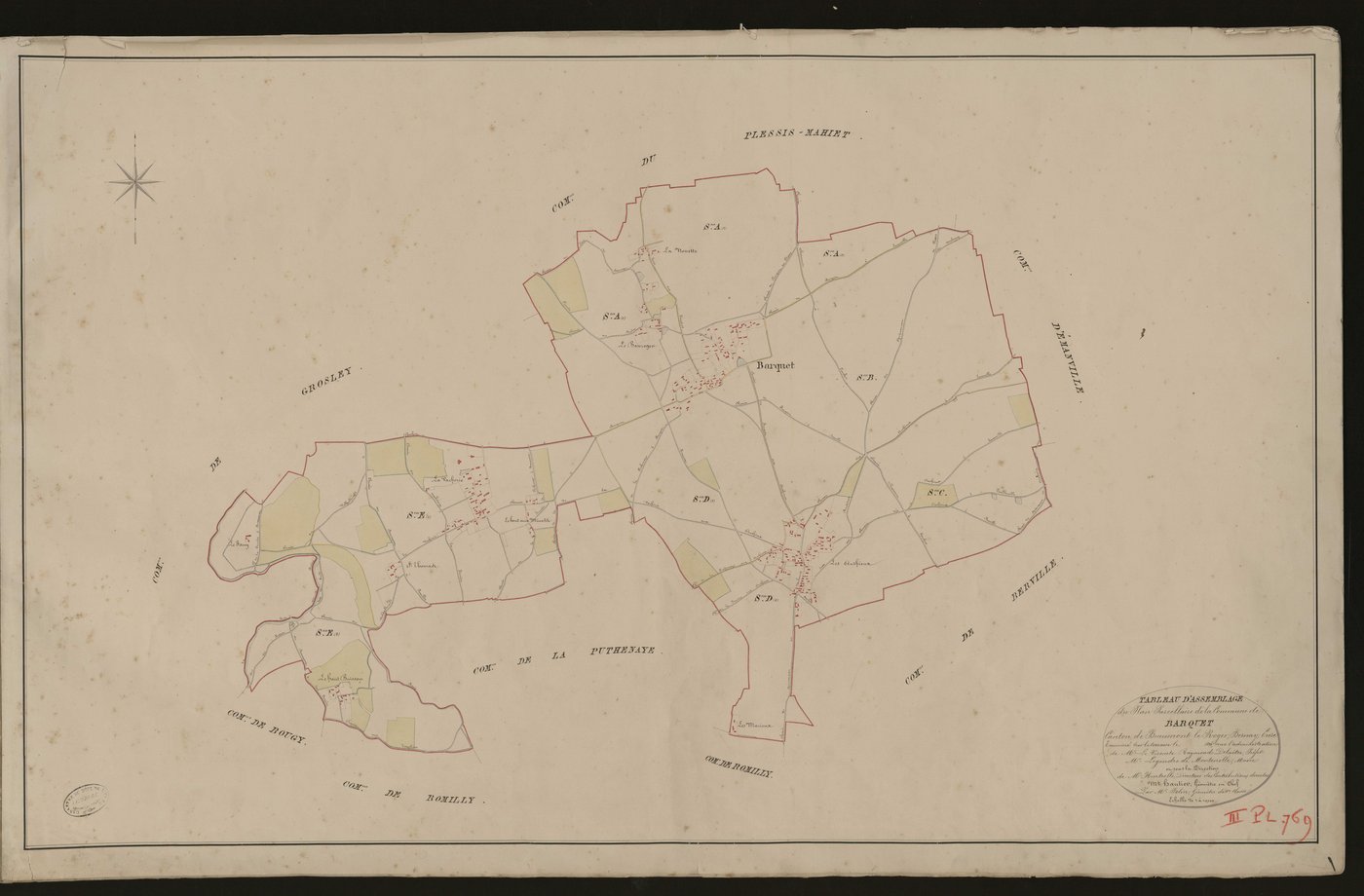 Barquet. Tableau d'assemblage _ du Plan Parcellaire de la Commune de Barquet. _ Canton de Beaumont-le-Roger - Bernay - Eure. _ Terminé sur le terrain en 1826 sous l'administration de M. Le Vicomte Raymond Delaitre, Préfet _ M.Leguay maire _
