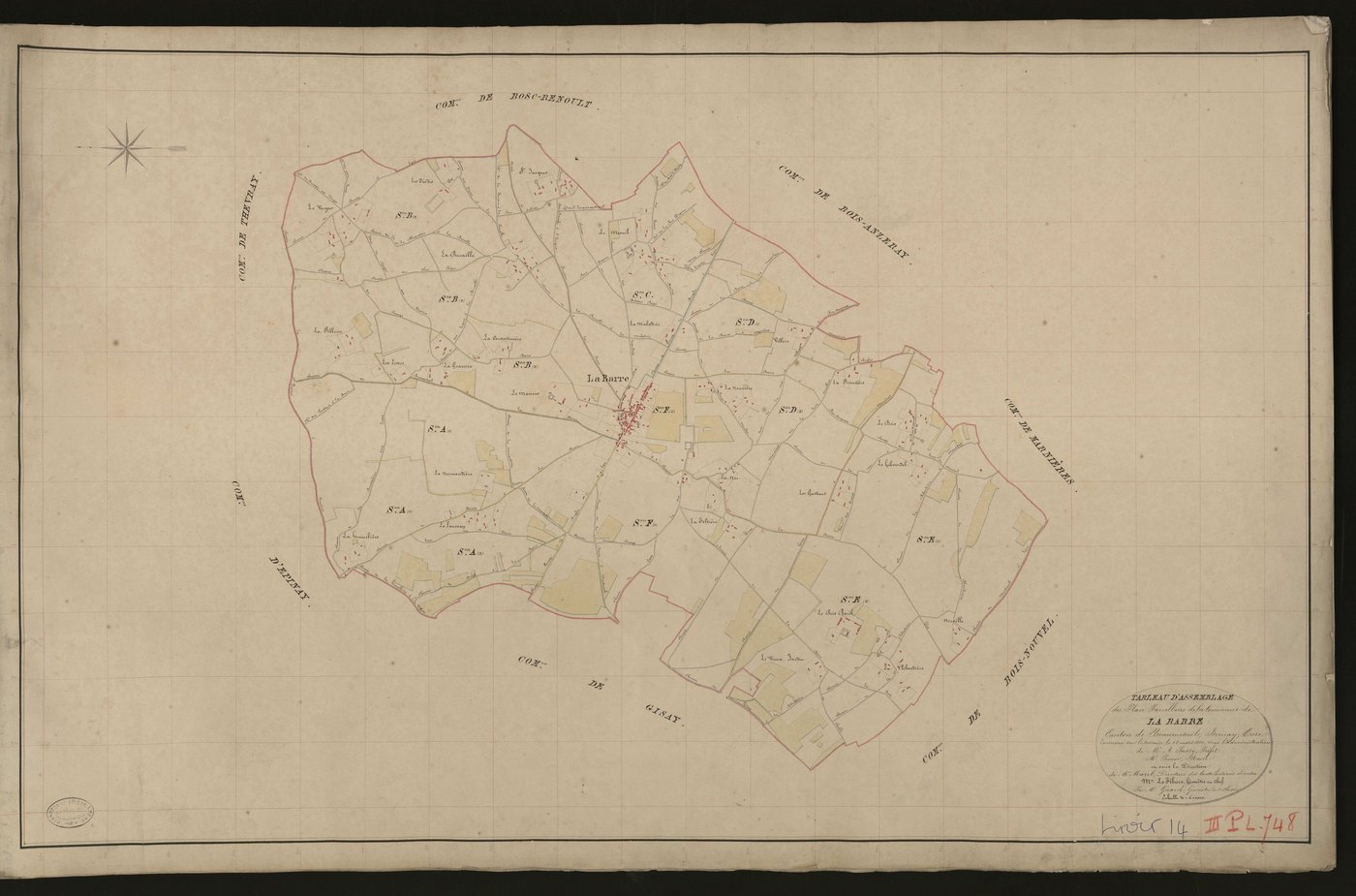 Barre-en-Ouche (La). Tableau d'assemblage _ du Plan Parcellaire de la Commune de La Barre. _ Canton de Beaumesnil - Bernay - Eure. _ Terminé sur le terrain le 23 mars 1833 sous l'administration de M. A. Passy, Préfet _ M. Piner, maire _ en 