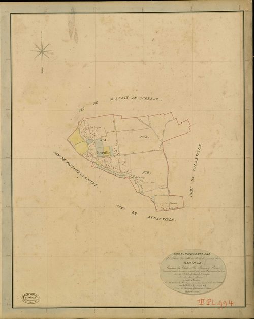 Barville. Tableau d'assemblage _ du Plan Parcellaire de la Commune de Barville _ Canton de Thiberville - Bernay - Eure. _ Terminé sur le Terrain le 21 Avril 1846 , sous l'administration de M. Petit de Bantel, Préfet _ M. de Livet, Maire _ s