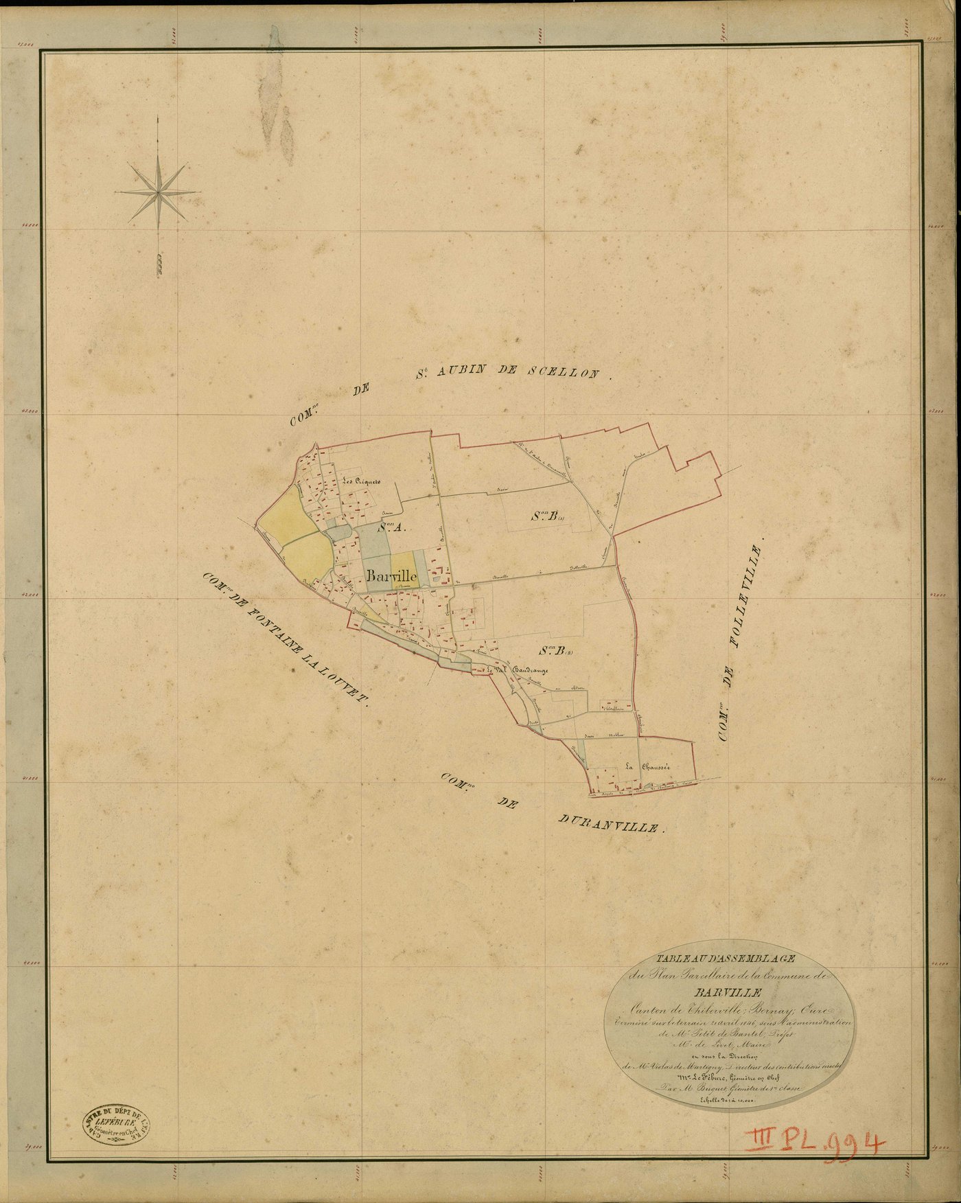 Barville. Tableau d'assemblage _ du Plan Parcellaire de la Commune de Barville _ Canton de Thiberville - Bernay - Eure. _ Terminé sur le Terrain le 21 Avril 1846 , sous l'administration de M. Petit de Bantel, Préfet _ M. de Livet, Maire _ s
