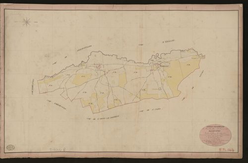 Bazincourt-sur-Epte. Tableau d'assemblage du Plan Parcellaire de la Commune de Bazincourt. _ Canton de Gisors - Andelys - Eure. _ Terminé sur le terrain le 10 mars 1841, sous l'administration de M. de Monicault, Préfet - M. Heurteux, Maire 