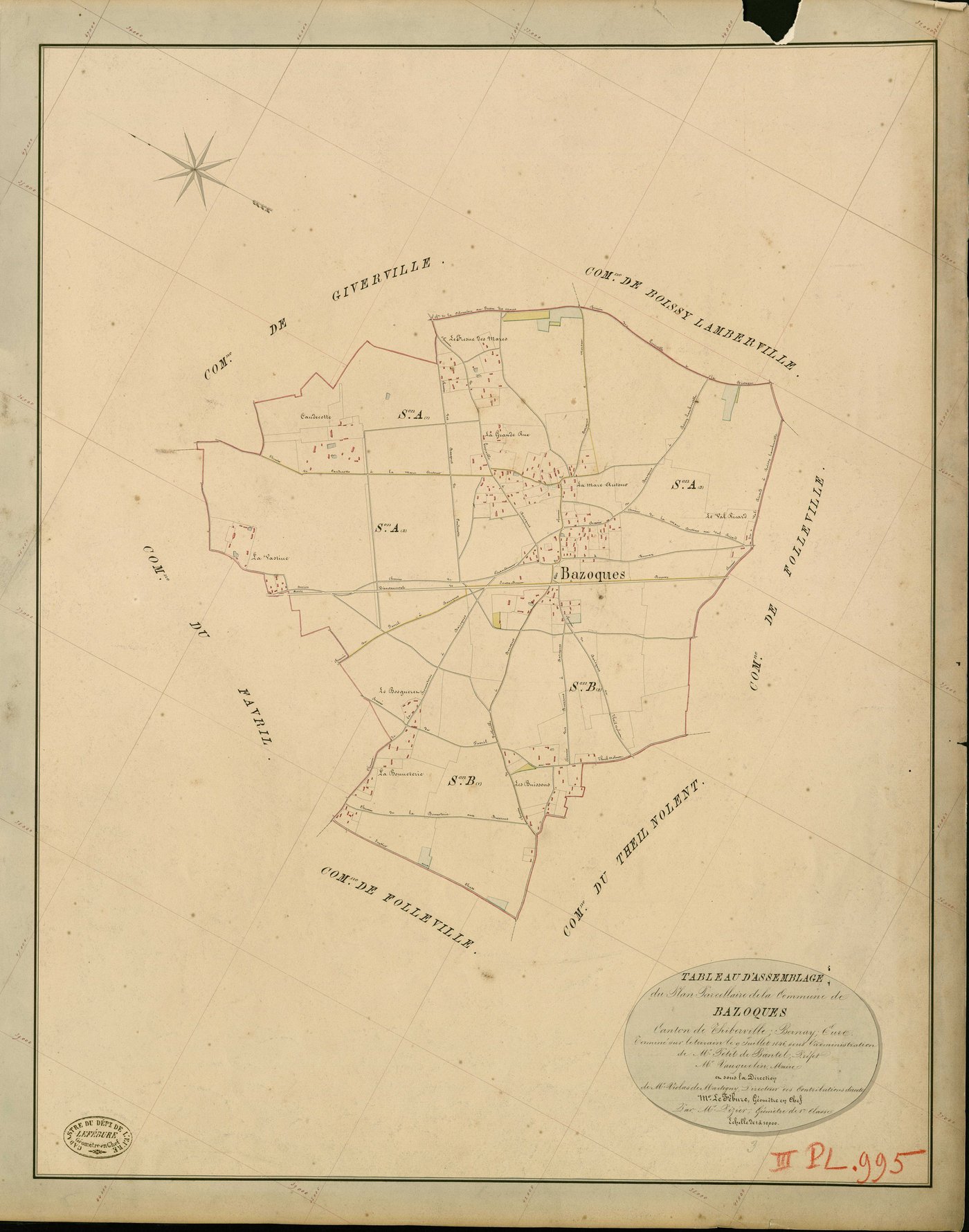 Bazoques. Tableau d'assemblage _ du Plan Parcellaire de la Commune de Bazoques _ Canton de Thiberville - Bernay - Eure. _ Terminé sur le Terrain le 9 Juillet 1846 , sous l'administration de M. Petit de Bantel, Préfet _ M. Vauguelin, Maire _