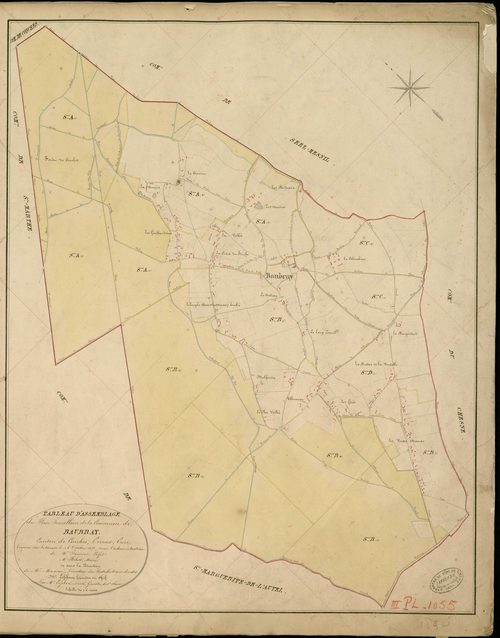 Beaubray. Tableau d'assemblage _ du Plan Parcellaire de la Commune de Baubray _ Canton de Conches - Evreux - Eure. _ Terminé sur le Terrain le 16 Octobre 1859 , sous l'administration de M. Janvier, Préfet _ M. Hébert, Maire _ sous la Direct