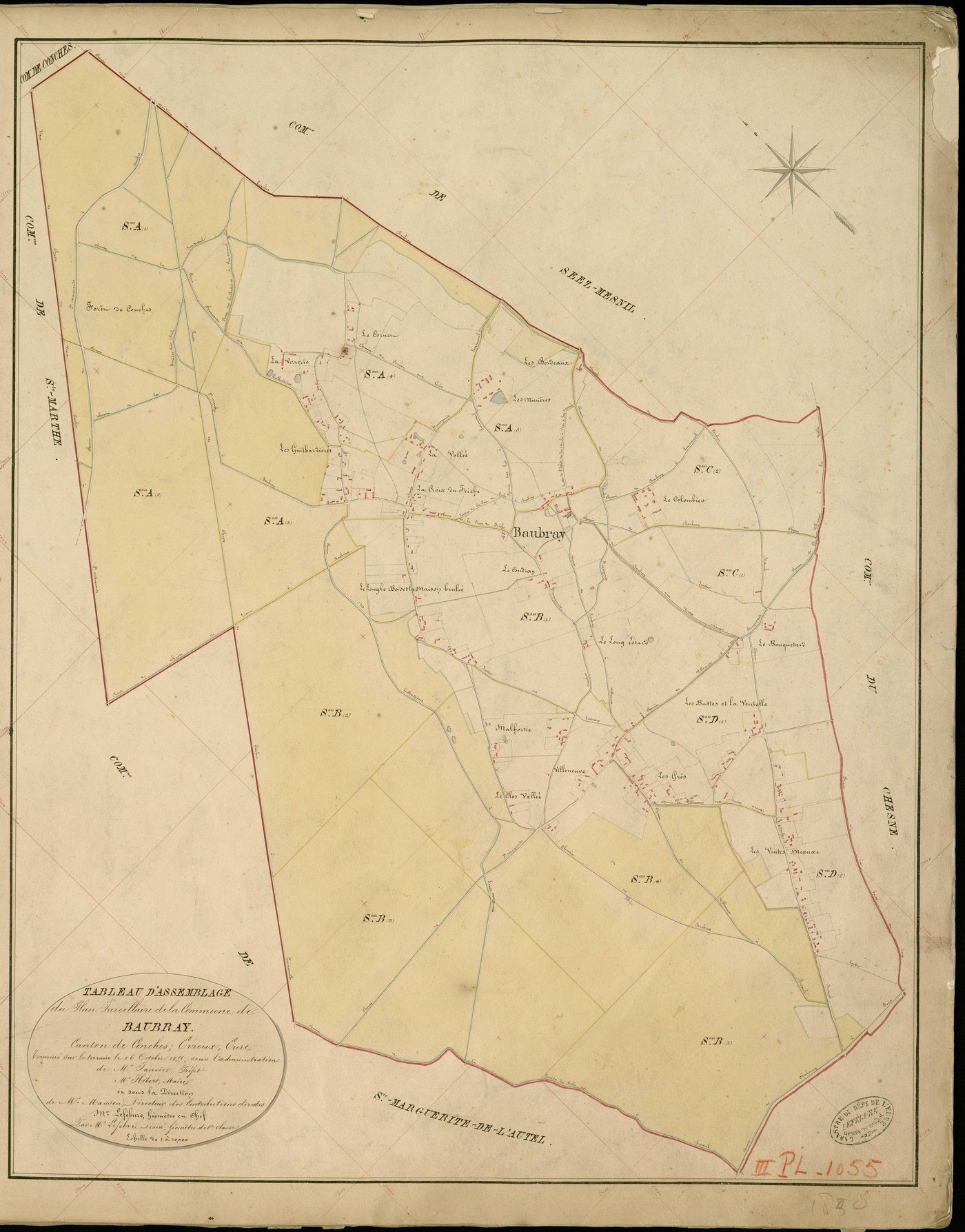 Beaubray. Tableau d'assemblage _ du Plan Parcellaire de la Commune de Baubray _ Canton de Conches - Evreux - Eure. _ Terminé sur le Terrain le 16 Octobre 1859 , sous l'administration de M. Janvier, Préfet _ M. Hébert, Maire _ sous la Direct