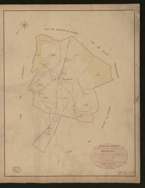 Beauficel-en-Lyons. Tableau d'assemblage du Plan Parcellaire de la Commune de Beauficel _ Canton de Lyons-la-Forêt - Andelys - Eure. _ Terminé sur le terrain le 21 mai 1848, sous l'administration de M. Fléau, Préfet - M. Duval, Maire et sou