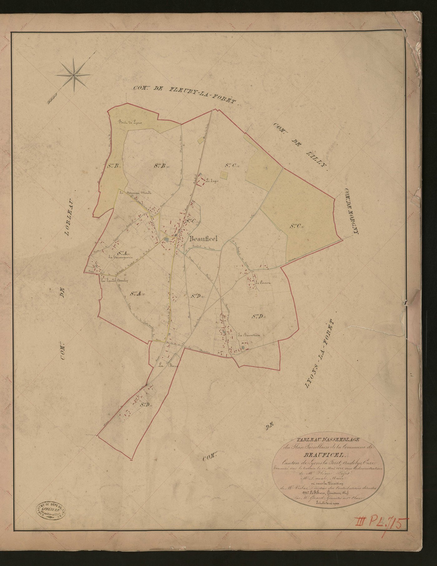 Beauficel-en-Lyons. Tableau d'assemblage du Plan Parcellaire de la Commune de Beauficel _ Canton de Lyons-la-Forêt - Andelys - Eure. _ Terminé sur le terrain le 21 mai 1848, sous l'administration de M. Fléau, Préfet - M. Duval, Maire et sou