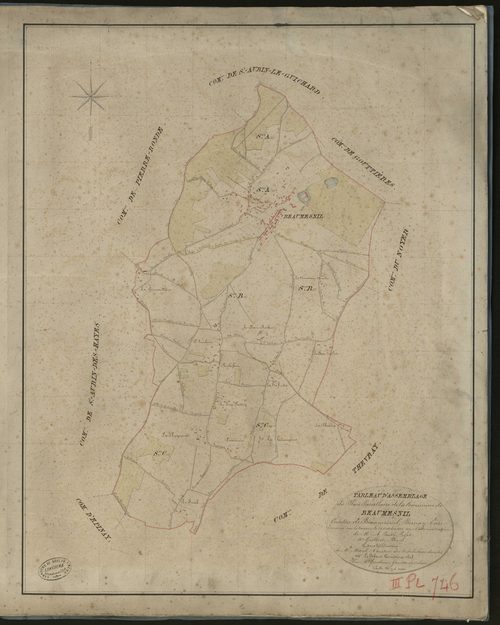 Beaumesnil. Tableau d'assemblage _ du Plan Parcellaire de la Commune de Beaumesnil. _ Canton de Beaumesnil - Bernay - Eure. _ Terminé sur le terrain le 28 Octobre 1832 sous l'administration de M. A. Passy, Préfet _ M. Guilbert, maire _ en s