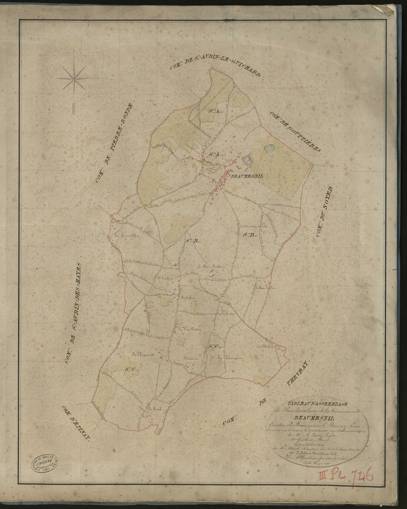 Beaumesnil. Tableau d'assemblage _ du Plan Parcellaire de la Commune de Beaumesnil. _ Canton de Beaumesnil - Bernay - Eure. _ Terminé sur le terrain le 28 Octobre 1832 sous l'administration de M. A. Passy, Préfet _ M. Guilbert, maire _ en s