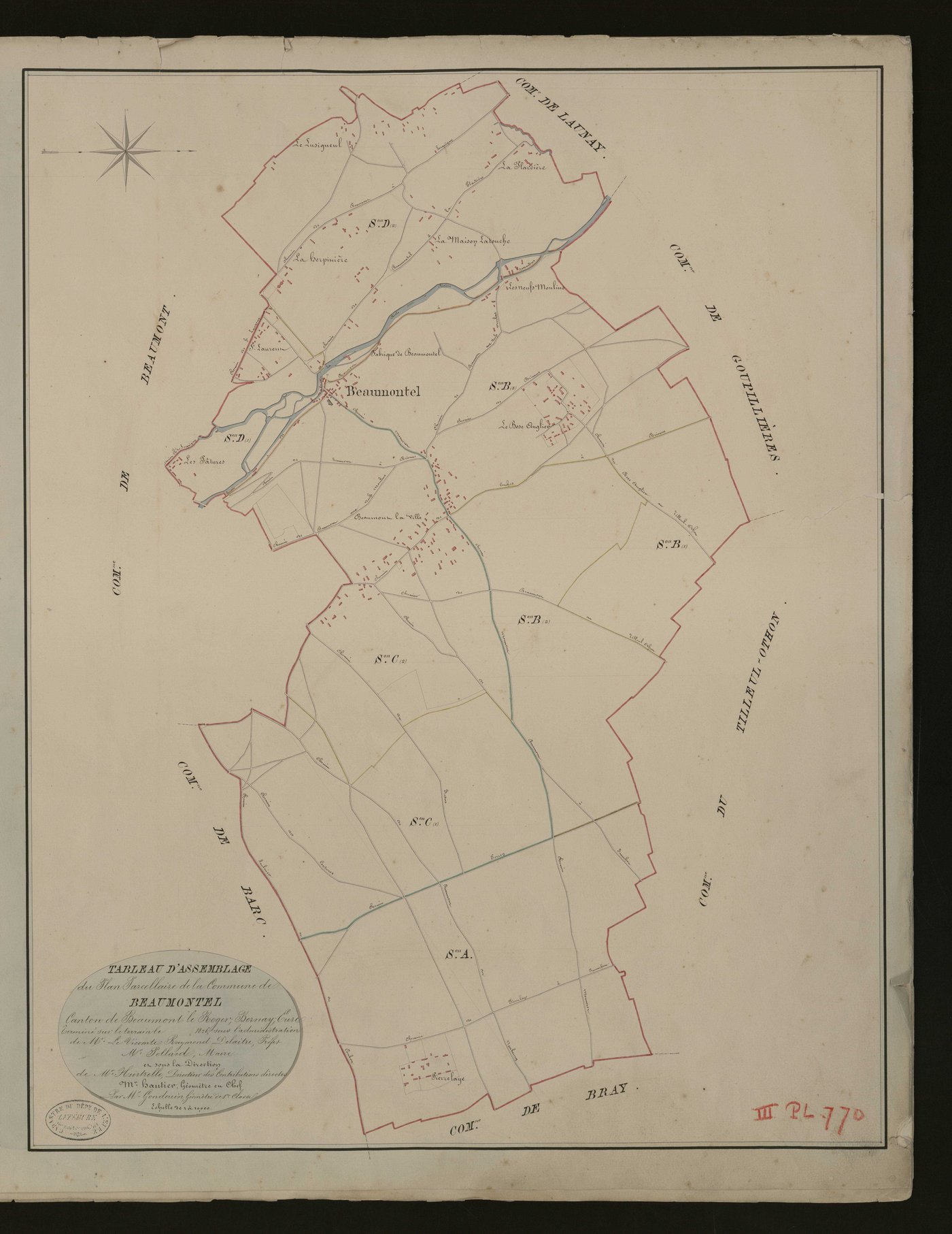 Beaumontel. Tableau d'assemblage _ du Plan Parcellaire de la Commune de Beaumontel. _ Canton de Beaumont-le-Roger - Bernay - Eure. _ Terminé sur le terrain en 1826 sous l'administration de M. Le Vicomte Raymond Delaitre, Préfet _ M.Pollard 