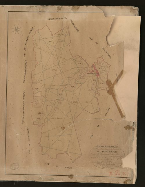Beaumont-le-Roger. Tableau d'assemblage _ du Plan Parcellaire de la Commune du Beaumont-le-Roger. _ Canton de Beaumont-le-Roger - Bernay - Eure. _ Terminé sur le terrain en 1826 sous l'administration de M. Le Vicomte Raymond Delaitre, Préfe
