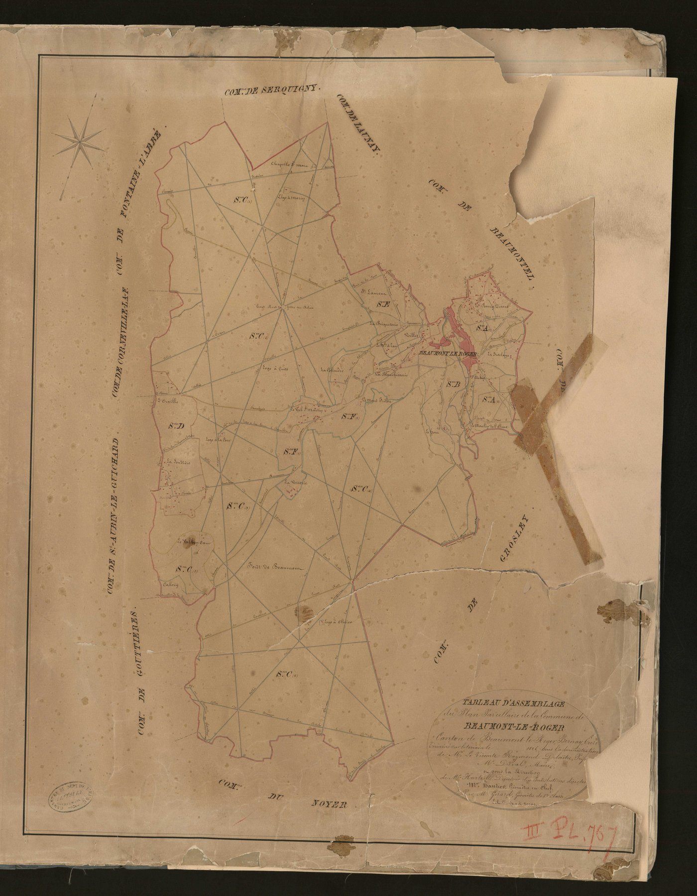 Beaumont-le-Roger. Tableau d'assemblage _ du Plan Parcellaire de la Commune du Beaumont-le-Roger. _ Canton de Beaumont-le-Roger - Bernay - Eure. _ Terminé sur le terrain en 1826 sous l'administration de M. Le Vicomte Raymond Delaitre, Préfe