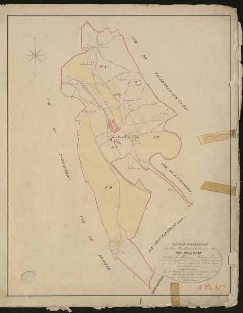Bec-Hellouin (Le). Tableau d'assemblage du Plan Parcellaire de la Commune du Bec-Hellouin. _ Canton de Brionne - Bernay - Eure. _ Terminé sur le terrain en 1827, sous l'administration de M. Le Vicomte Raymond Delaitre, Préfet - M. Montier, 