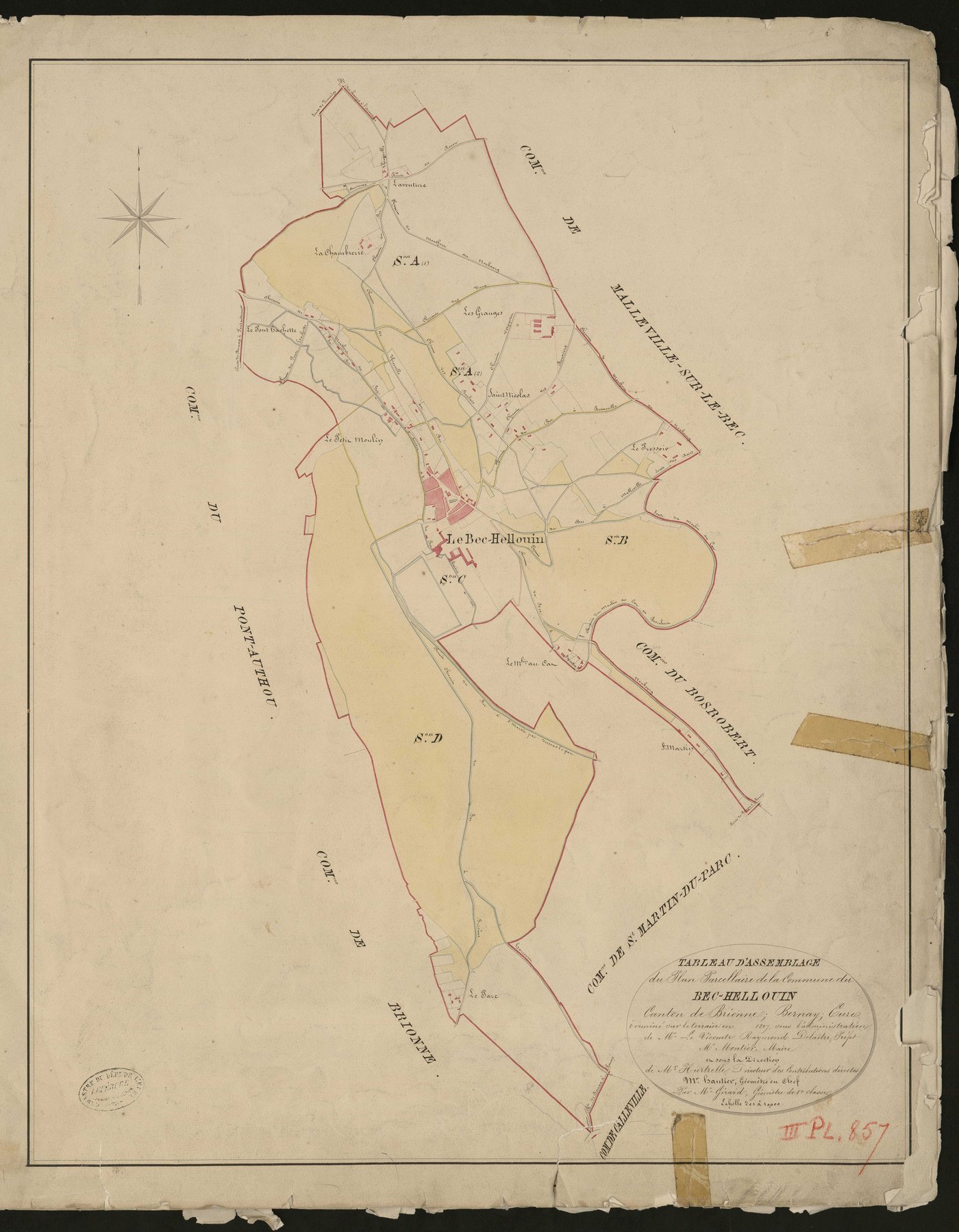 Bec-Hellouin (Le). Tableau d'assemblage du Plan Parcellaire de la Commune du Bec-Hellouin. _ Canton de Brionne - Bernay - Eure. _ Terminé sur le terrain en 1827, sous l'administration de M. Le Vicomte Raymond Delaitre, Préfet - M. Montier, 