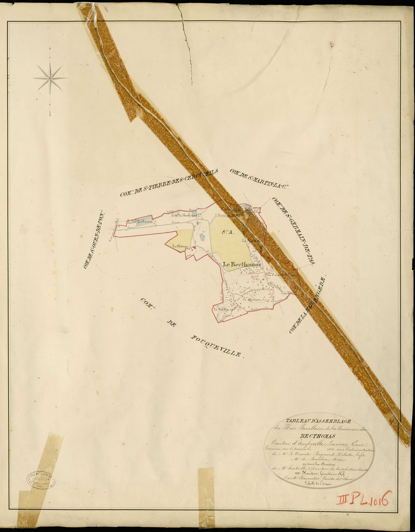 Bec-Thomas (Le). Tableau d'assemblage _ du Plan Parcellaire de la Commune du Becthomas _ Canton d'Amfreville - Louviers - Eure. _ Terminé sur le Terrain en 1828 , sous l'administration de M. Le Vicomte Raymond Delaître , Préfet _ M. de Beau