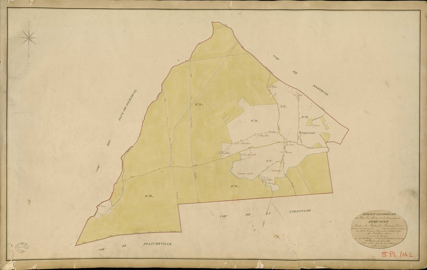 Bémécourt. Tableau d'assemblage _ du Plan Parcellaire de la Commune de Bémécourt _ Canton de Breteuil - Evreux - Eure. _ Terminé sur le Terrain en 1829 , sous l'administration de M. Le Vicomte Raymond Delaître , Préfet _ M. Lechardeurt, Mai