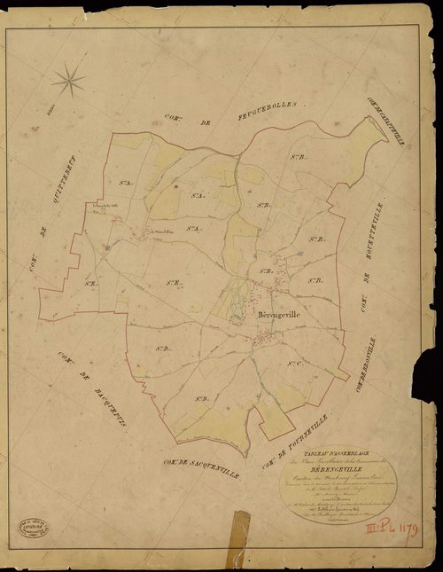 Bérengeville-la-Campagne. Tableau d'assemblage _ du Plan Parcellaire de la Commune de Bérengeville _ Canton de Neubourg - Louviers - Eure. _ Terminé sur le Terrain le 14 Juin 1846, sous l'administration de M. Petit de Bantel, Préfet _ M. Am