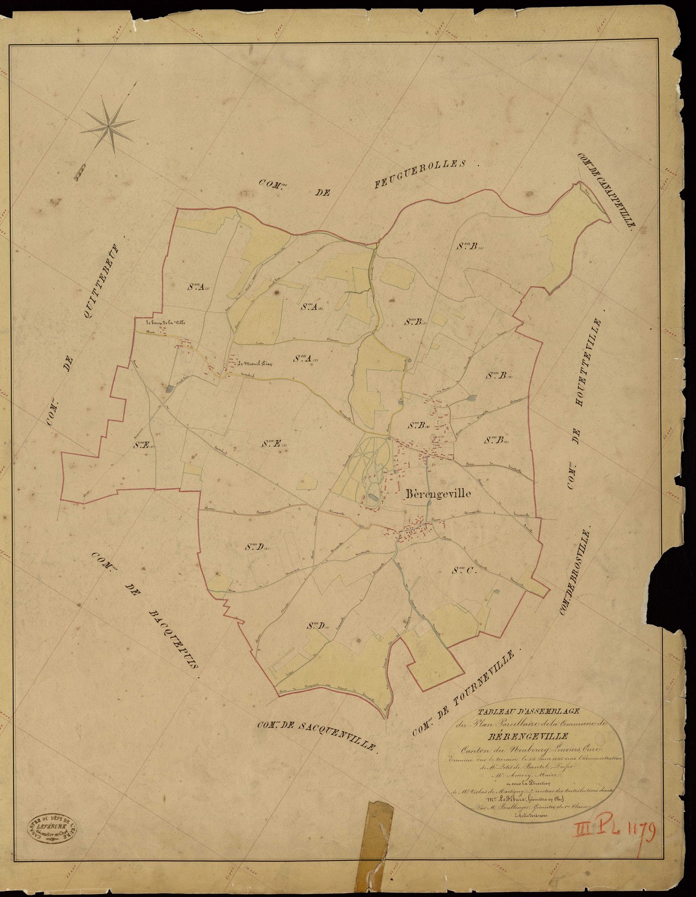 Bérengeville-la-Campagne. Tableau d'assemblage _ du Plan Parcellaire de la Commune de Bérengeville _ Canton de Neubourg - Louviers - Eure. _ Terminé sur le Terrain le 14 Juin 1846, sous l'administration de M. Petit de Bantel, Préfet _ M. Am