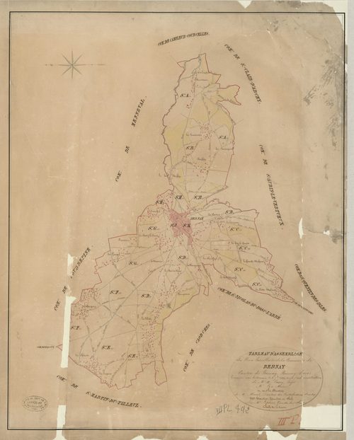 Bernay. Tableau d'assemblage du Plan Parcellaire de la Commune de Bernay _ Canton de Bernay - Bernay - Eure. _ Terminé sur le terrain le 2 septembre 1830, sous l'administration de M. A Passy, Préfet - M. Lys, Maire et sous la direction de M