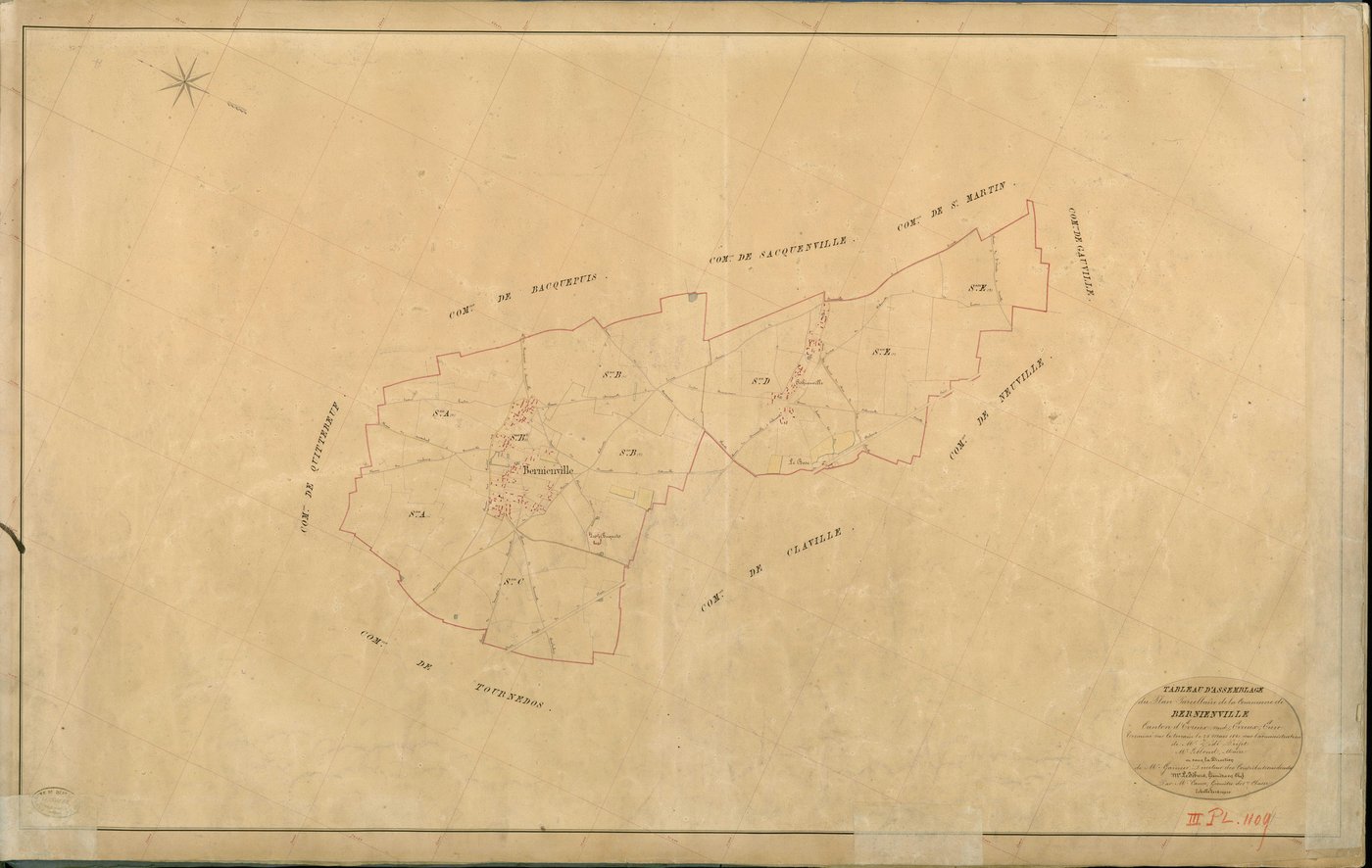 Bernienville. Tableau d'assemblage _ du Plan Parcellaire de la Commune de Bernienville _ Canton de Evreux (nord) - Evreux - Eure. _ Terminé sur le Terrain le 25 Mars 1841 , sous l'administration de M. Zédé, Préfet _ M. Leblond, Maire _ sous