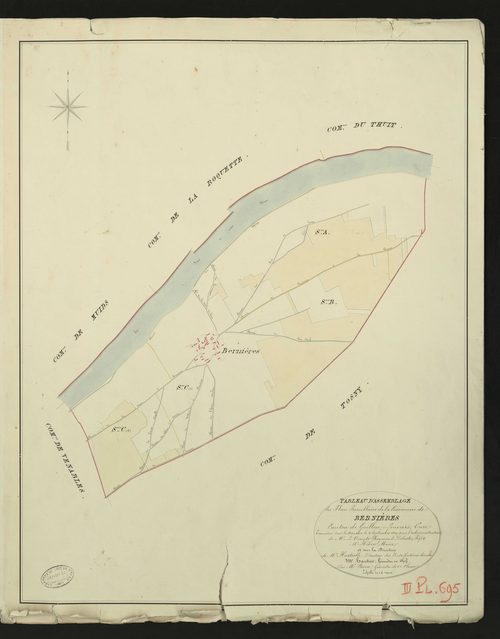 Bernières-sur-Seine. Tableau d'assemblage du Plan Parcellaire de la Commune de Bernières. _ Canton de Gaillon - Louviers - Eure. _ Terminé sur le terrain le 4 septembre 1829, sous l'administration de M. Le Vicomte Raymond Delaitre, Préfet -