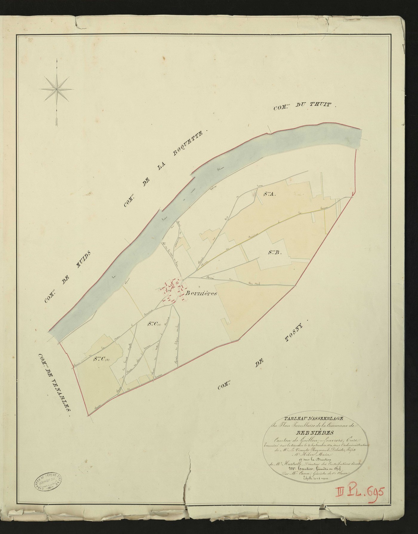 Bernières-sur-Seine. Tableau d'assemblage du Plan Parcellaire de la Commune de Bernières. _ Canton de Gaillon - Louviers - Eure. _ Terminé sur le terrain le 4 septembre 1829, sous l'administration de M. Le Vicomte Raymond Delaitre, Préfet -