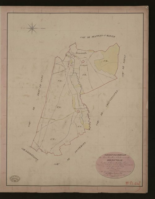 Bernouville. Tableau d'assemblage du Plan Parcellaire de la Commune de Bernouville. _ Canton de Gisors - Andelys - Eure. _ Terminé sur le terrain le 7 septembre 1840, sous l'administration de M. de Monicault, Préfet - M. Lebas, Maire et sou