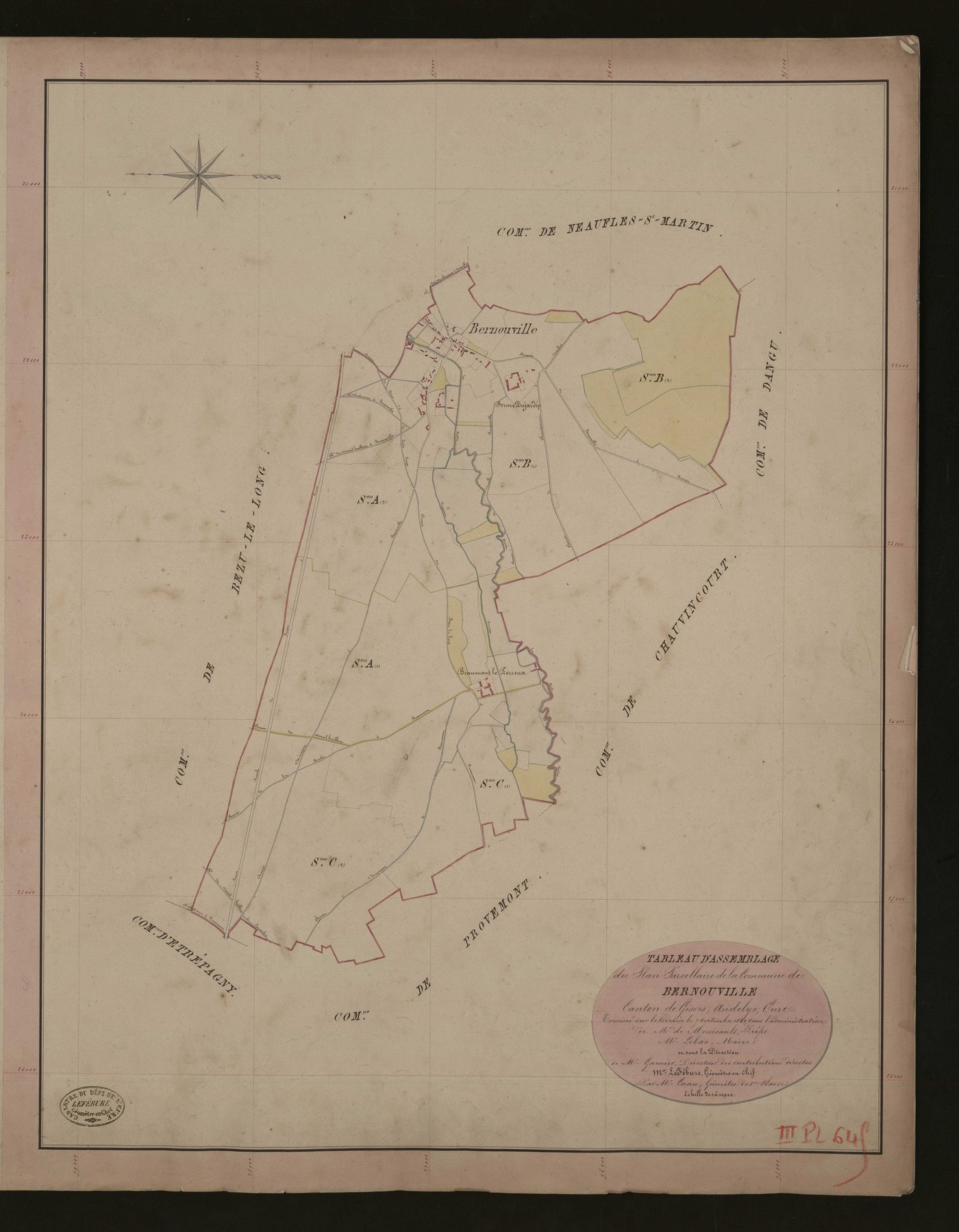 Bernouville. Tableau d'assemblage du Plan Parcellaire de la Commune de Bernouville. _ Canton de Gisors - Andelys - Eure. _ Terminé sur le terrain le 7 septembre 1840, sous l'administration de M. de Monicault, Préfet - M. Lebas, Maire et sou